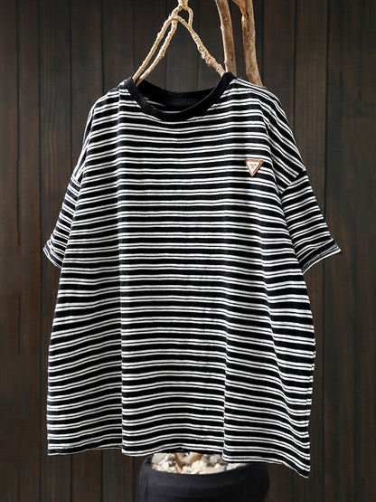 Women Summer Casual Stripe 100%Cotton O-Neck Shirt