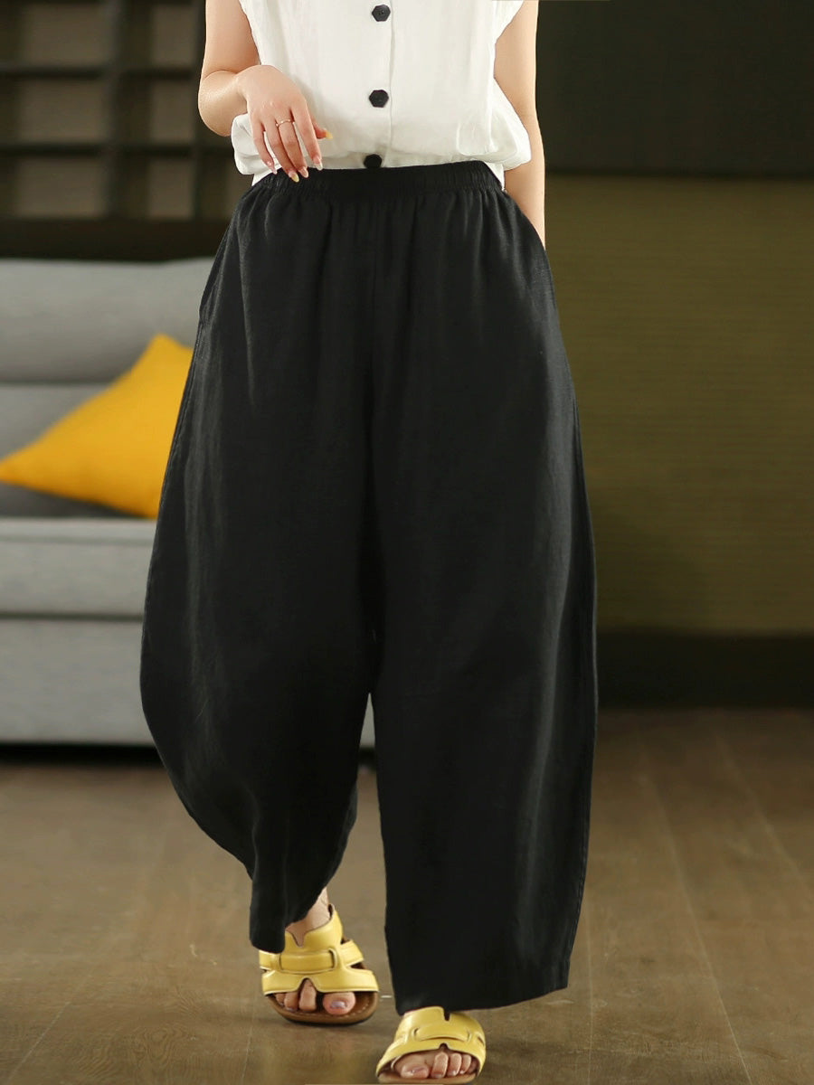 Plus Size Women Casual Pure Color 100%Linen Harem Pants