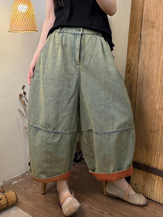 Women Retro Summer Denim Colorblock Wide-leg Pants