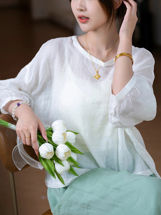 Women Summer Artsy Pure Color O-Neck 100%Ramie Shirt