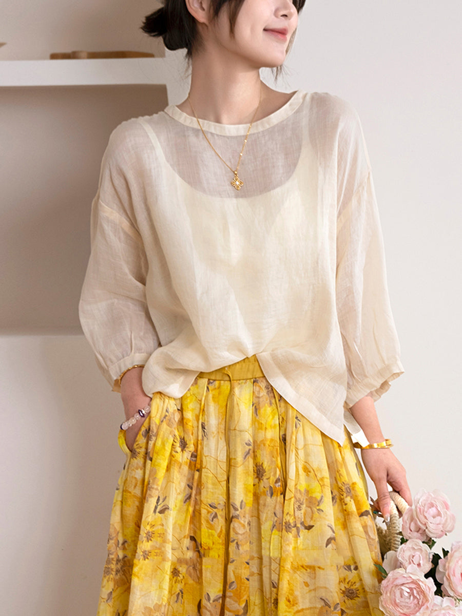 Women Summer Artsy Pure Color O-Neck 100%Ramie Shirt