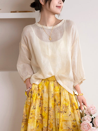 Women Summer Artsy Pure Color O-Neck 100%Ramie Shirt