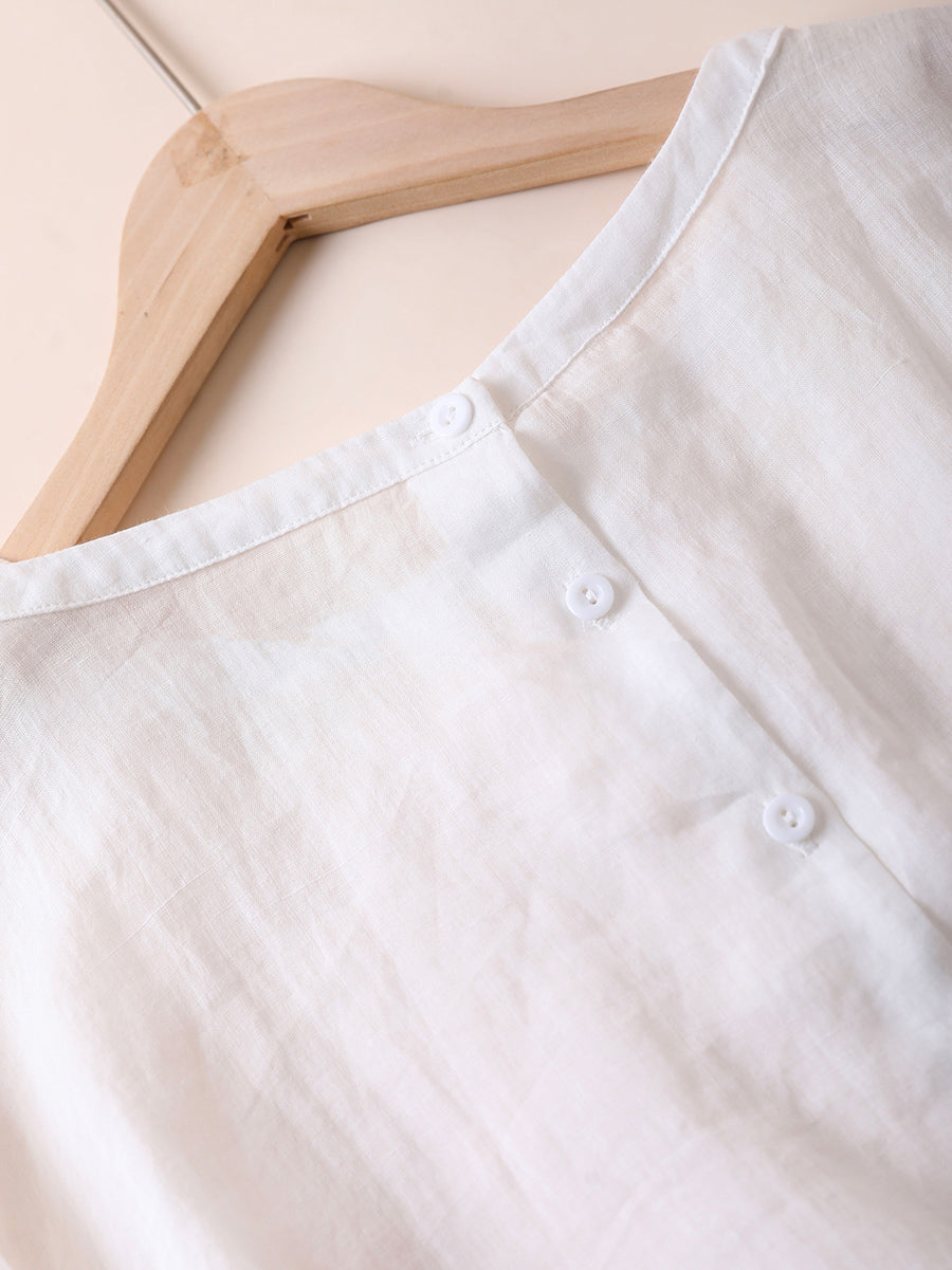 Women Summer Artsy Pure Color O-Neck 100%Ramie Shirt