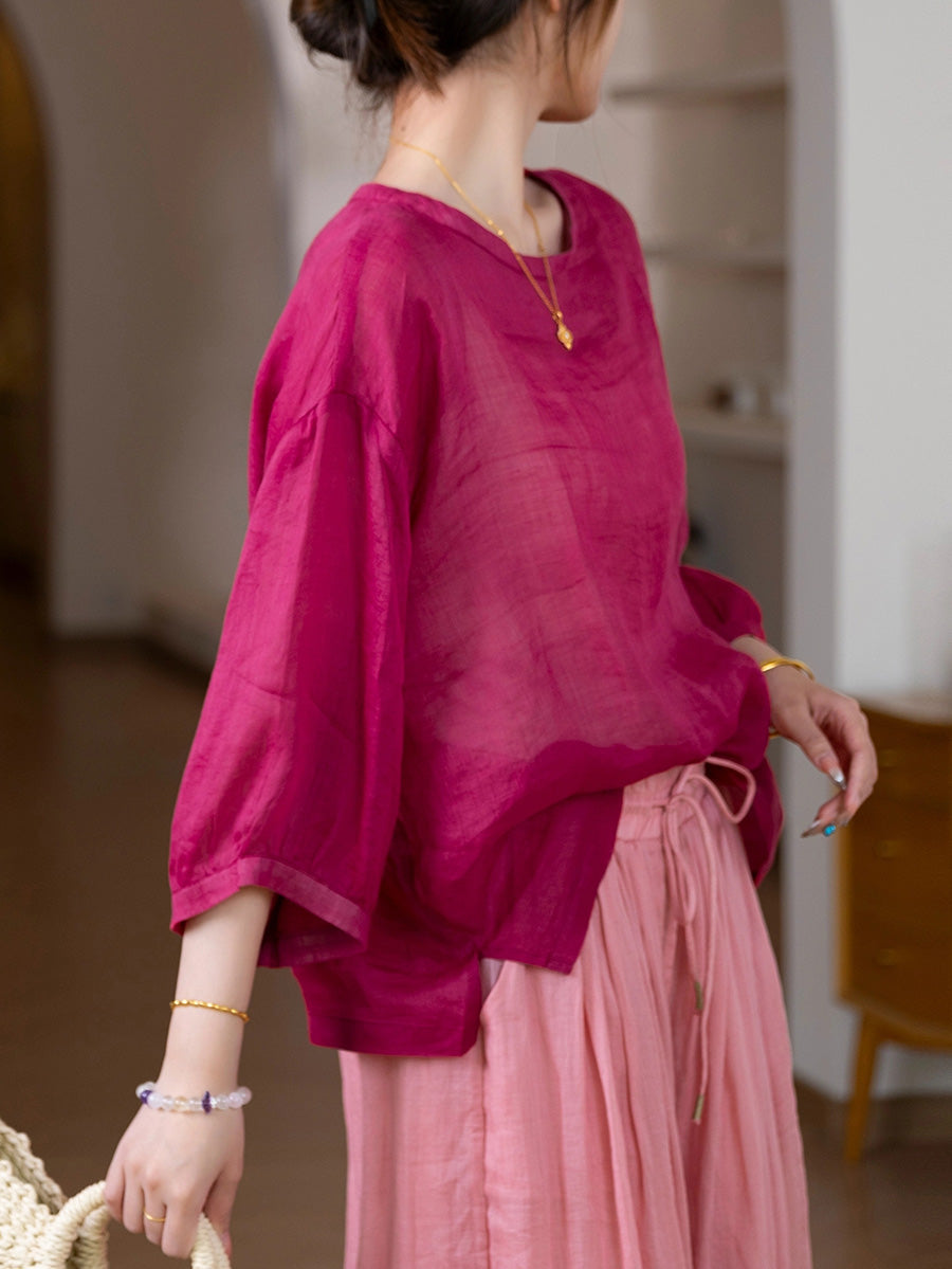 Women Summer Artsy Pure Color O-Neck 100%Ramie Shirt