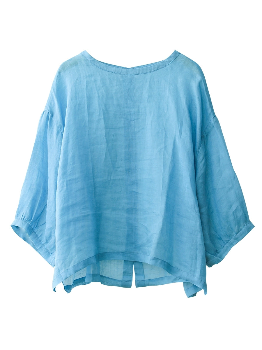 Women Summer Artsy Pure Color O-Neck 100%Ramie Shirt