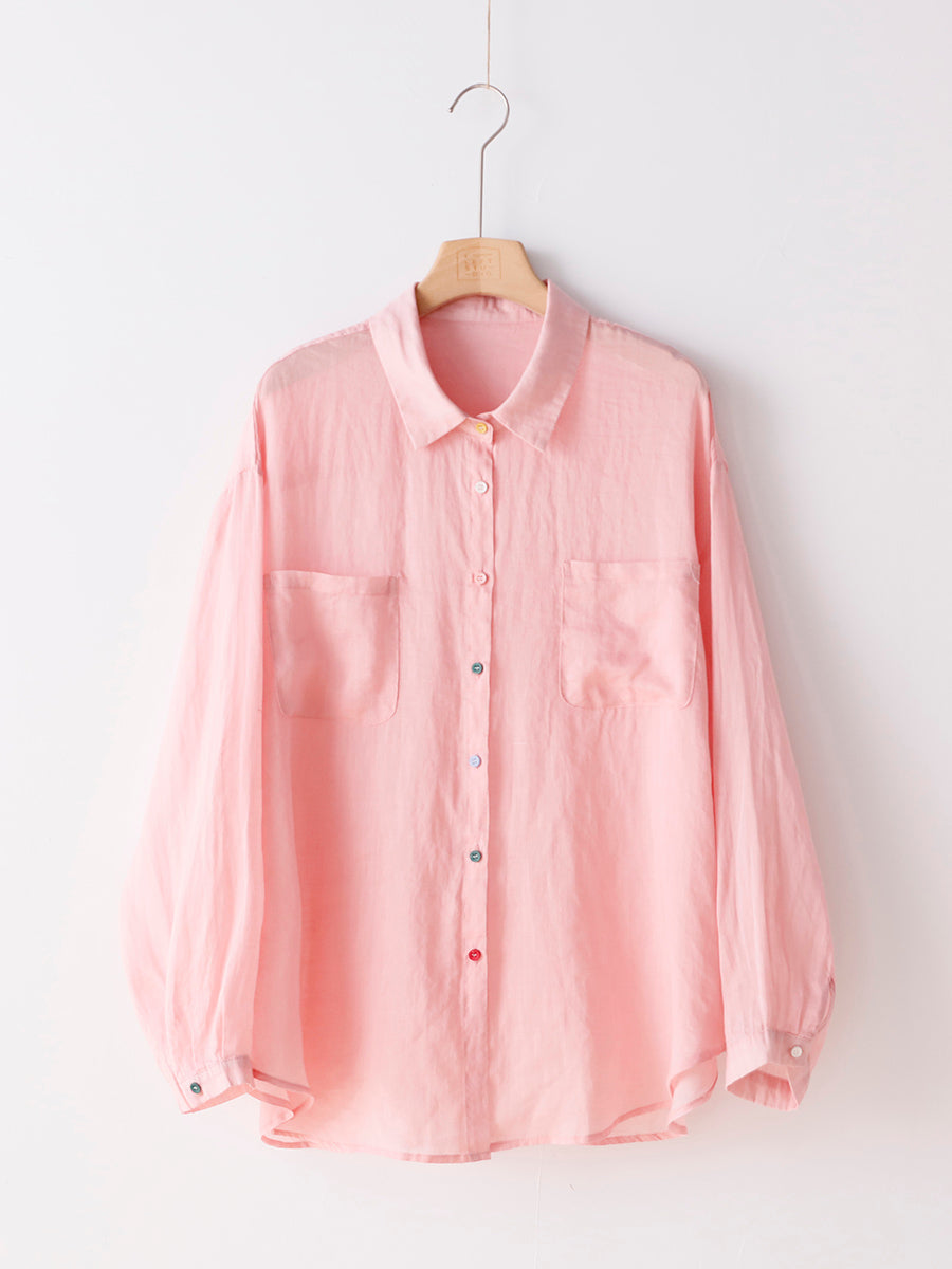 Women Summer Pure Color 100%Ramie Turn-down Collar Shirt