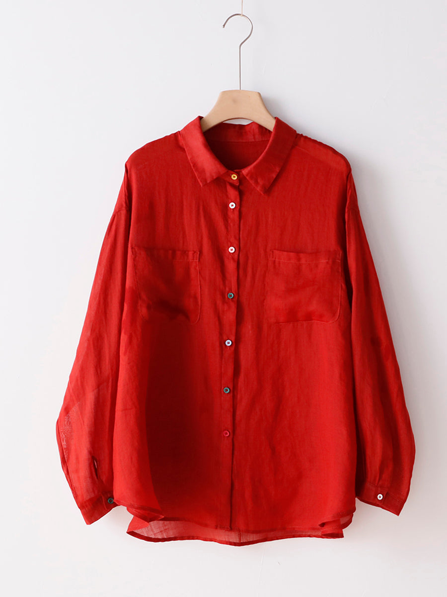 Women Summer Pure Color 100%Ramie Turn-down Collar Shirt