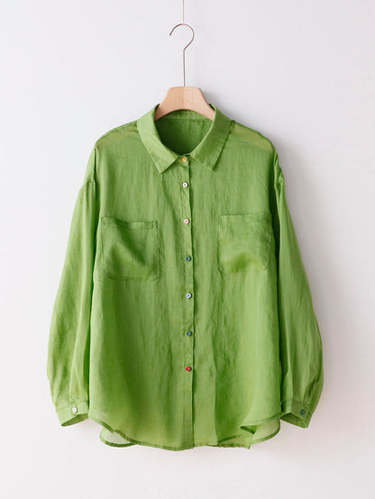 Women Summer Pure Color 100%Ramie Turn-down Collar Shirt