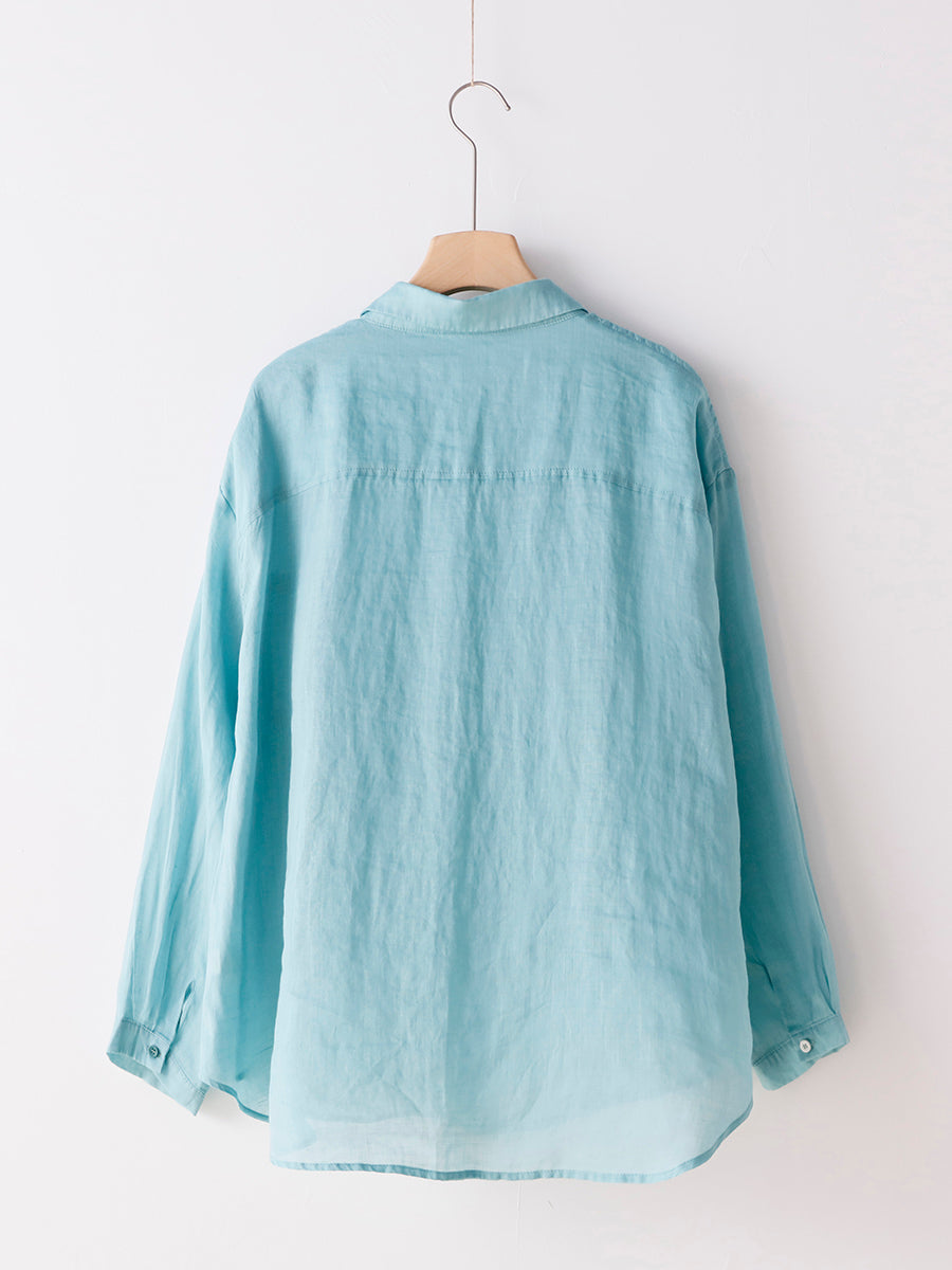 Women Summer Pure Color 100%Ramie Turn-down Collar Shirt