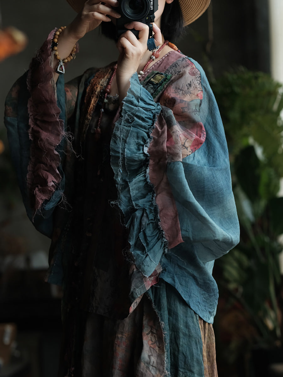 Women Summer Retro Flower Spliced Linen Shirt Coat