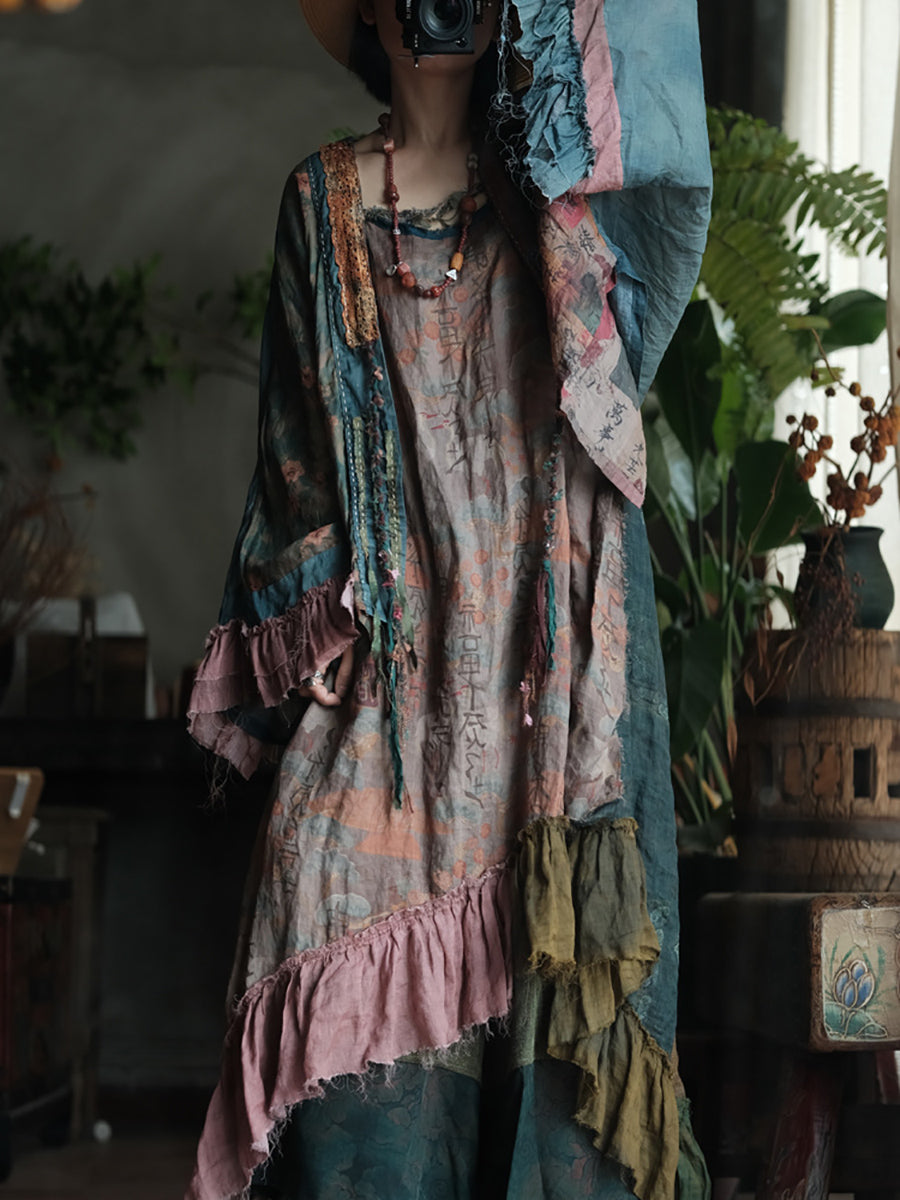 Women Summer Retro Flower Spliced Linen Shirt Coat