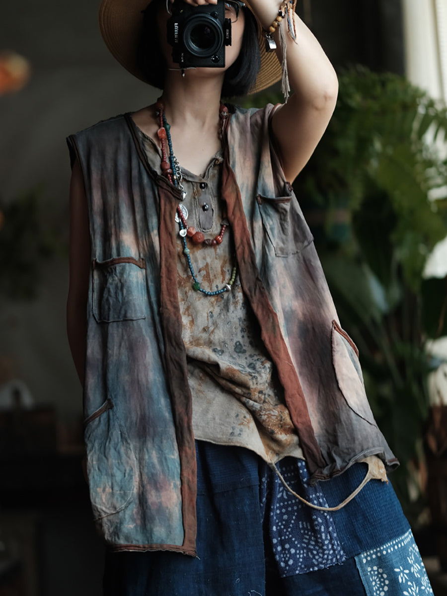 Women Summer Retro Tie-dye Colorblock O-Neck Cotton Vest