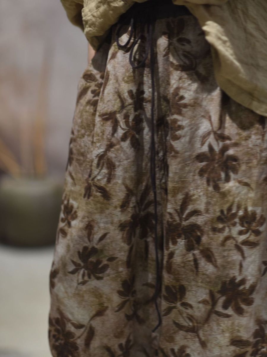 Women Summer Vintage Flower Linen Straight Pants