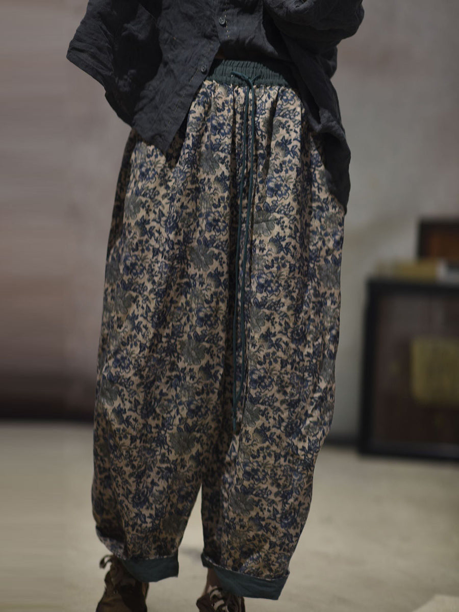 Women Summer Vintage Flower Linen Straight Pants