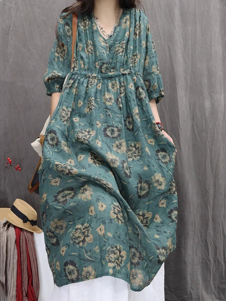 Women Summer Artsy Flower V-Neck 100%Ramie Dress