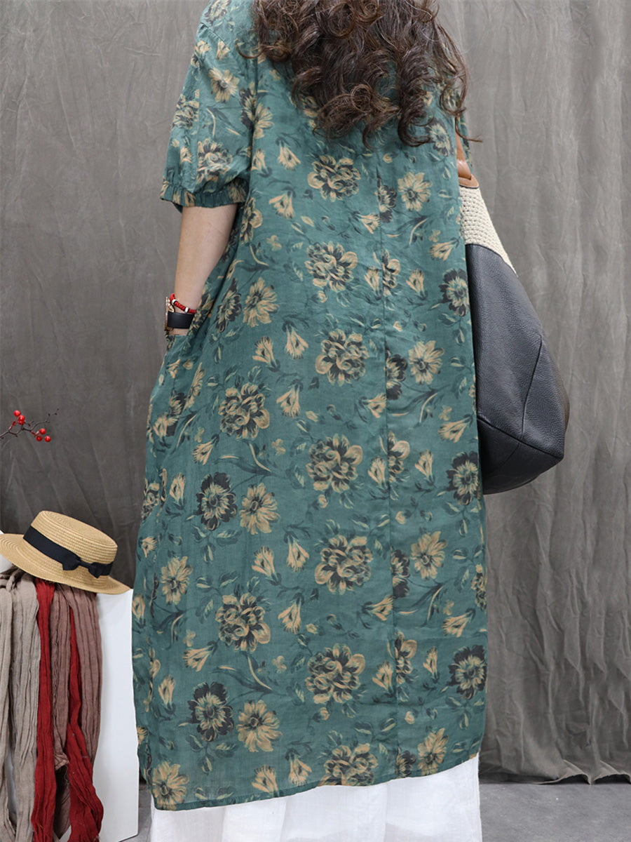 Women Summer Artsy Flower V-Neck 100%Ramie Dress