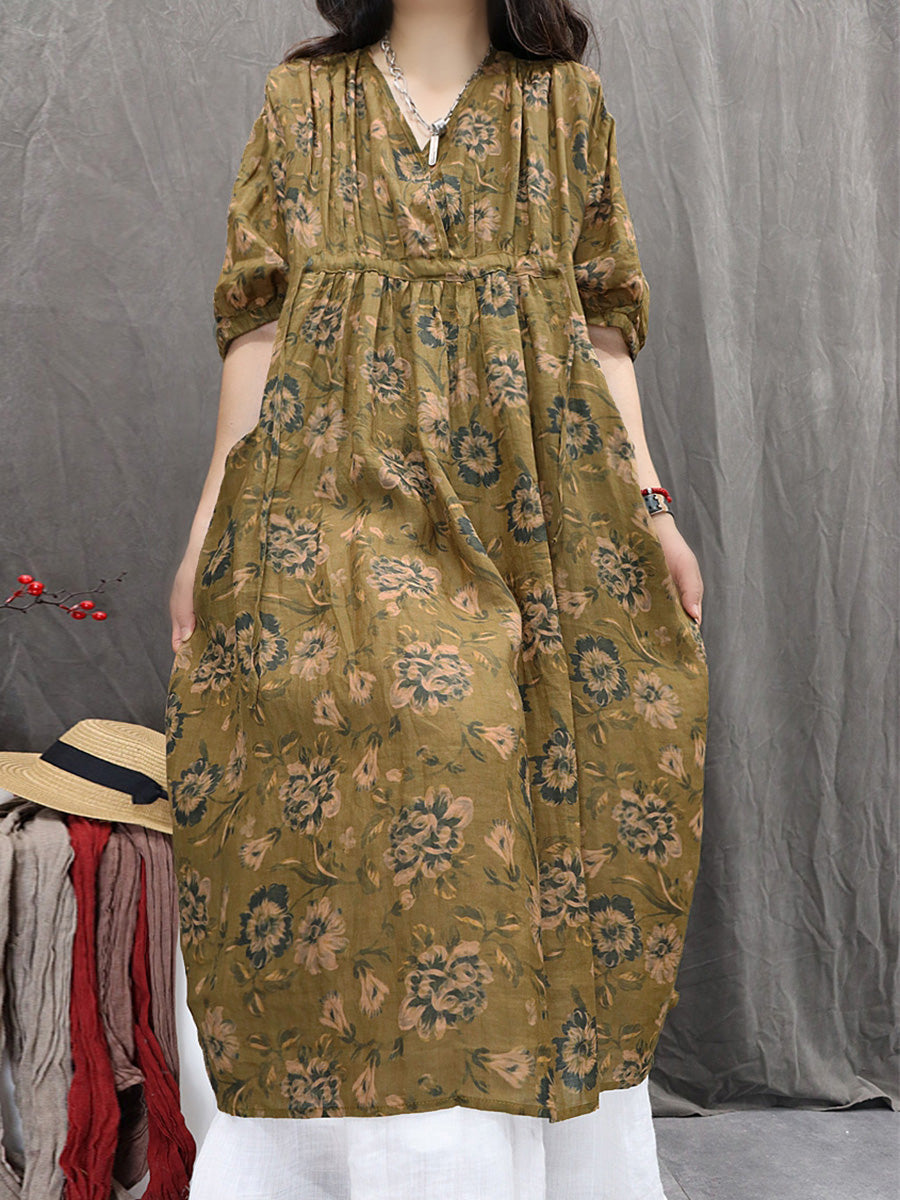 Women Summer Artsy Flower V-Neck 100%Ramie Dress