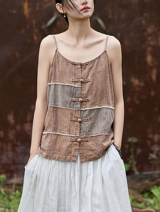 Women Summer Vintage Colorblock Spliced O-Neck Ramie Vest