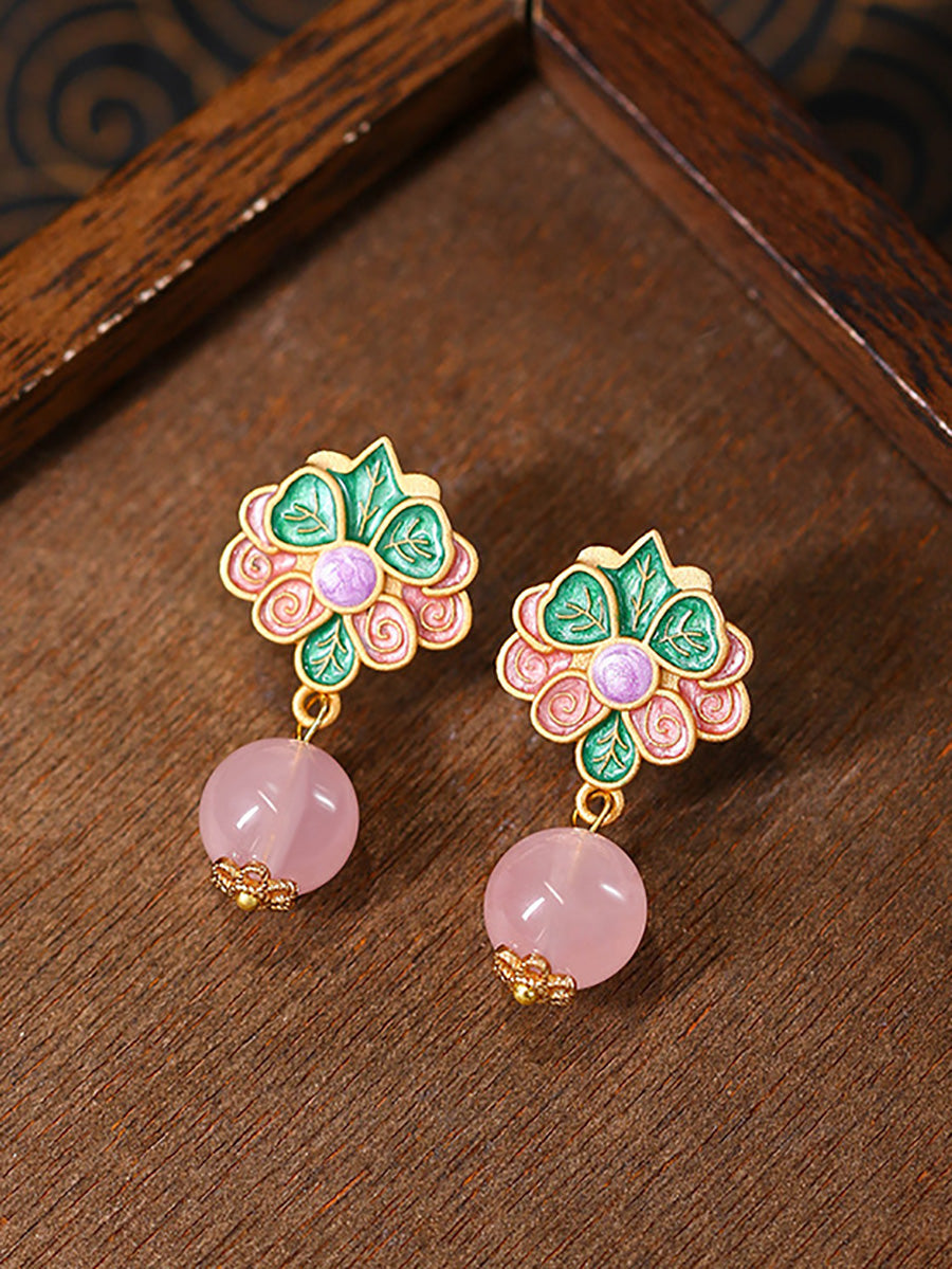 Women Ethnic Flower Jade 24K Gold Plating Earrings