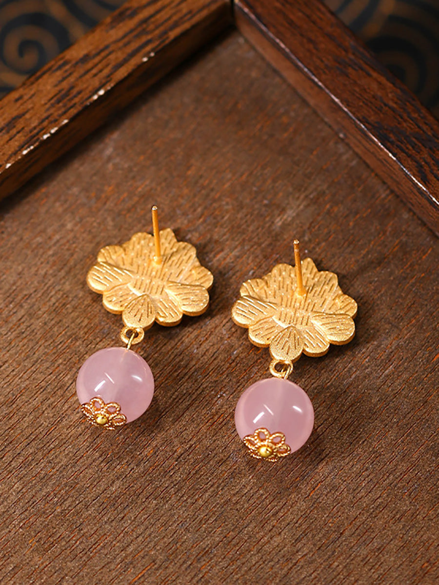 Women Ethnic Flower Jade 24K Gold Plating Earrings
