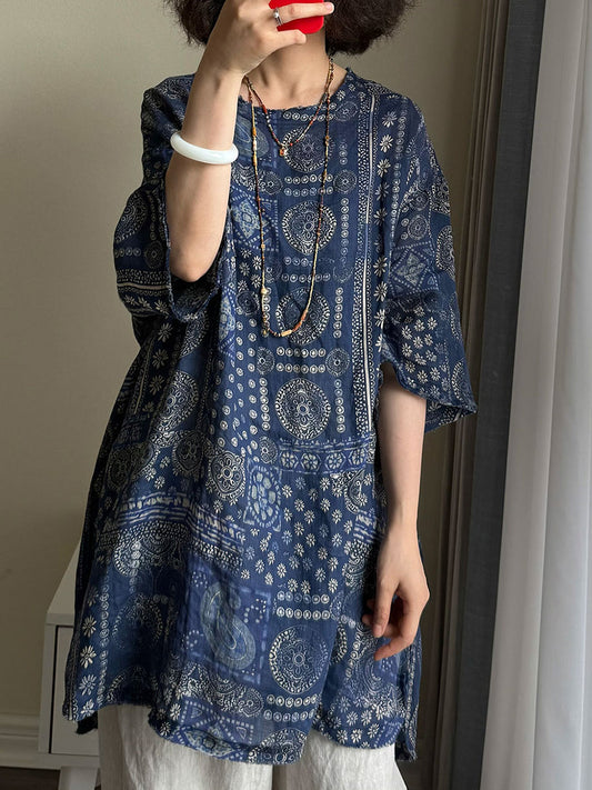 Plus Size Women Summer Vintage Flower O-neck 100%Raime Shirt