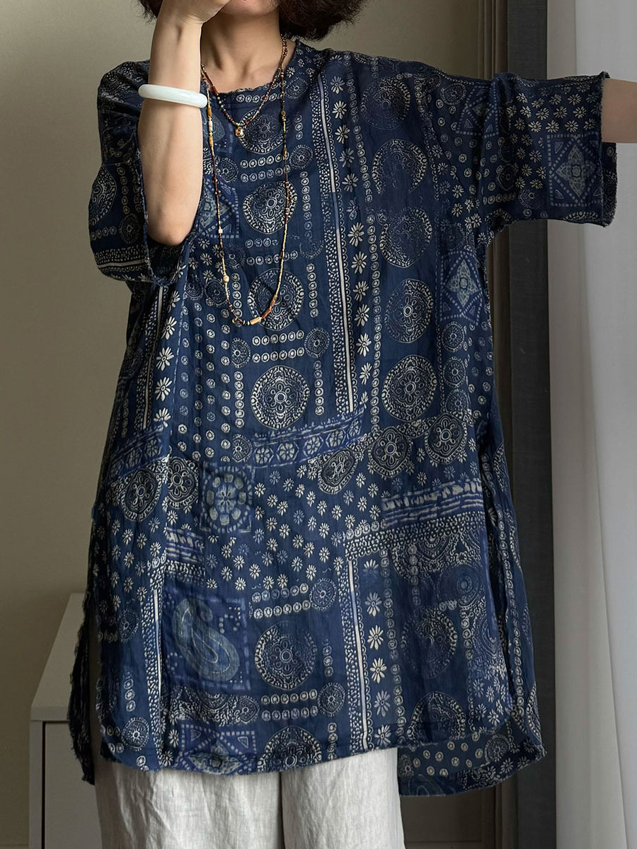 Plus Size Women Summer Vintage Flower O-neck 100%Raime Shirt