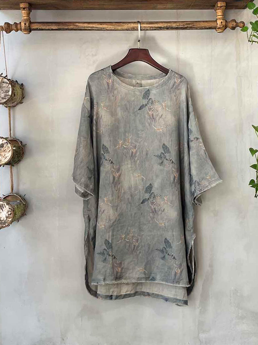 Plus Size Women Summer Vintage Flower O-neck 100%Raime Shirt