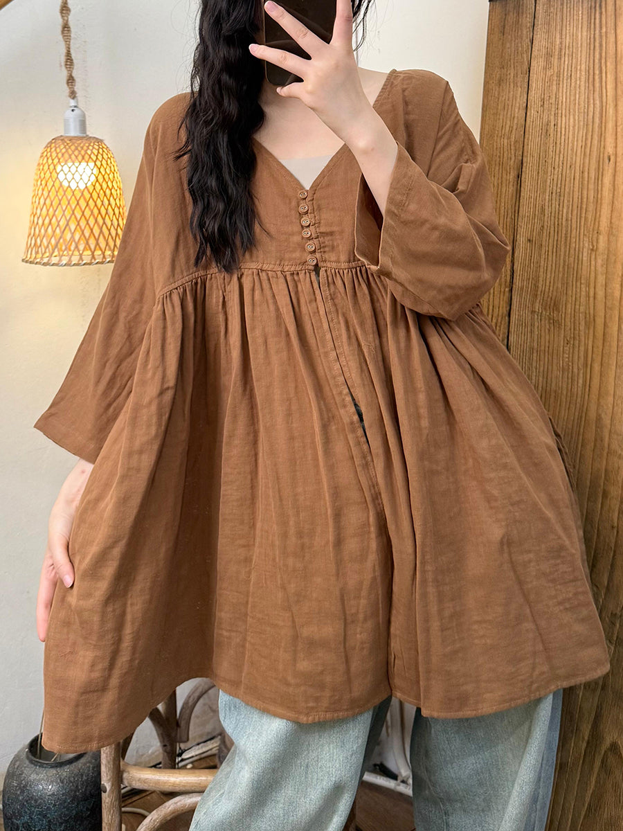 Women Summer Retro Pure Color Ramie V-Neck Shirt