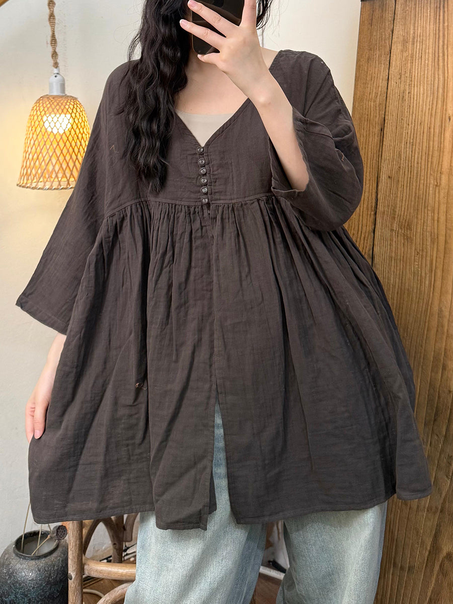 Women Summer Retro Pure Color Ramie V-Neck Shirt