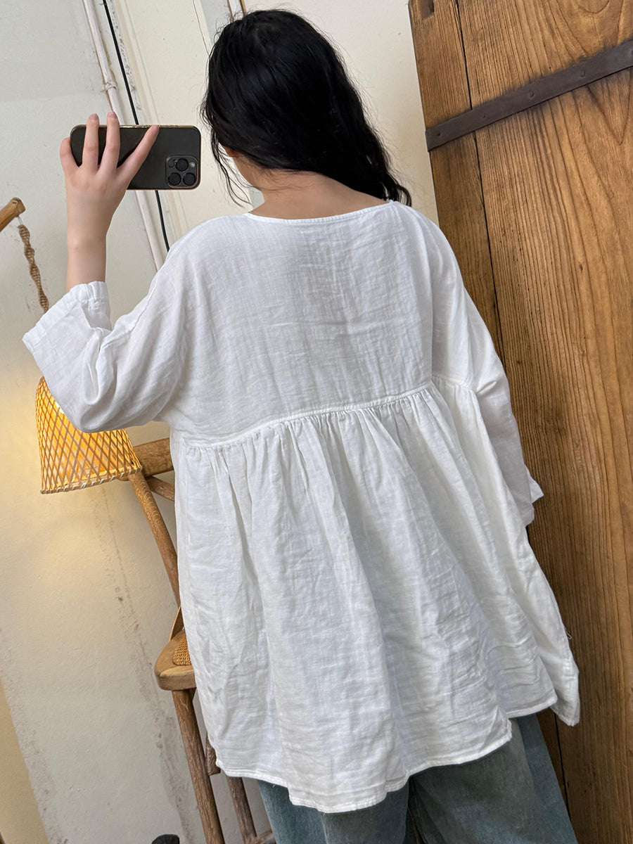 Women Summer Retro Pure Color Ramie V-Neck Shirt