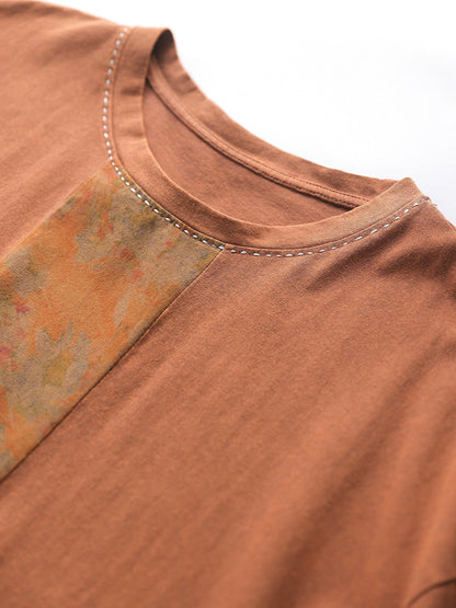 Women Summer Artsy Flower Spliced 100%Cotton O-Neck Shirt