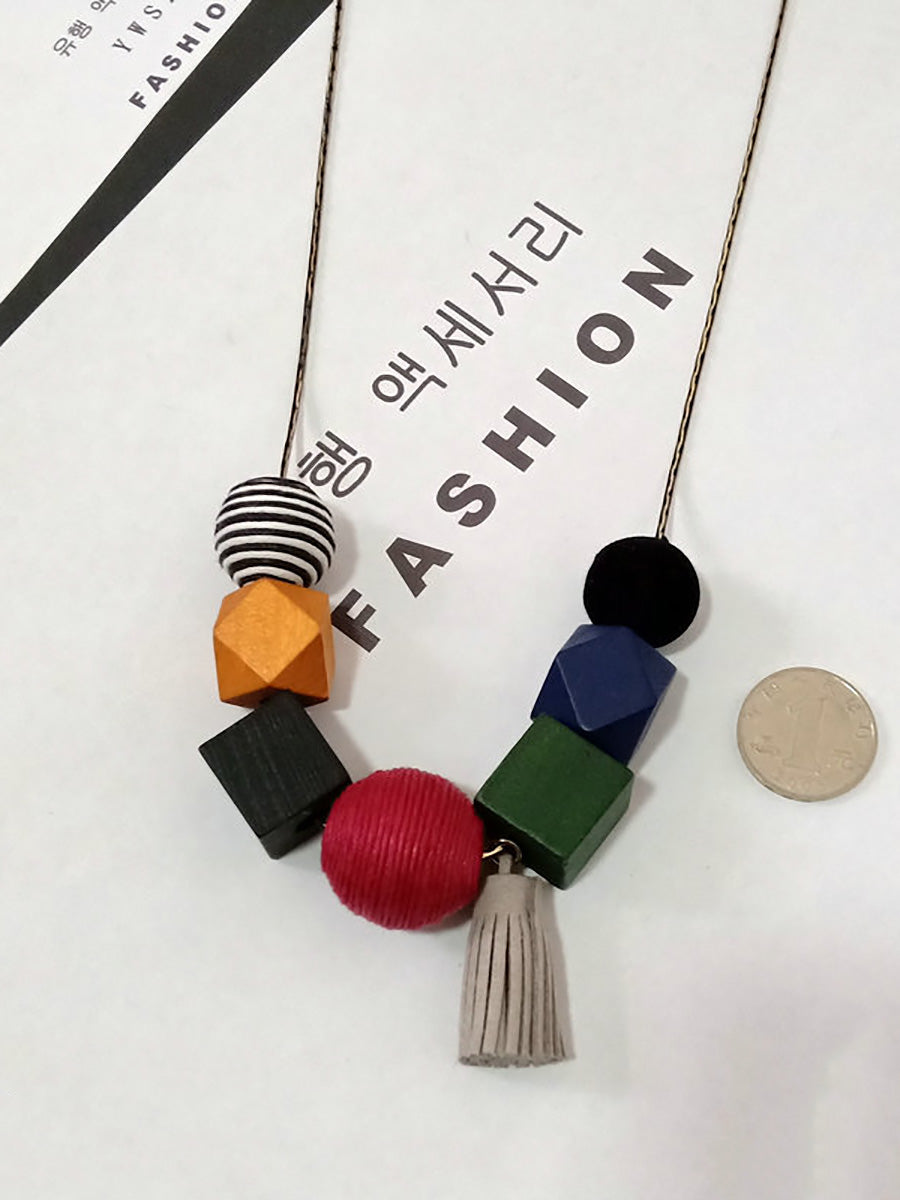 Women Artsy Geometric Wood Tassel Necklace