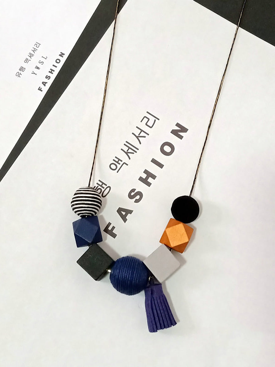 Women Artsy Geometric Wood Tassel Necklace