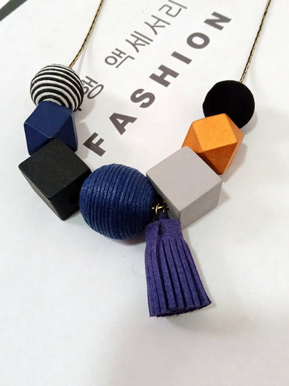 Women Artsy Geometric Wood Tassel Necklace