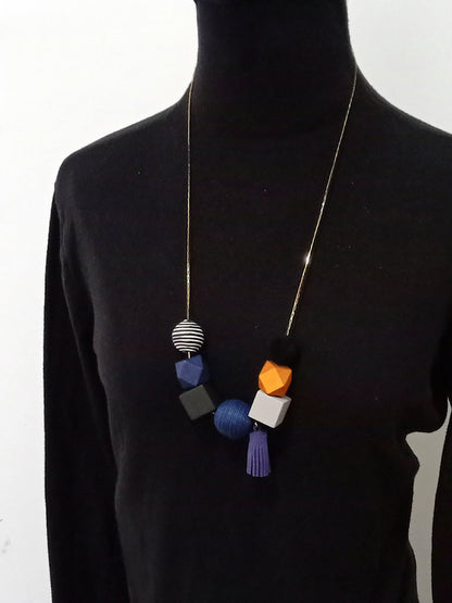 Women Artsy Geometric Wood Tassel Necklace