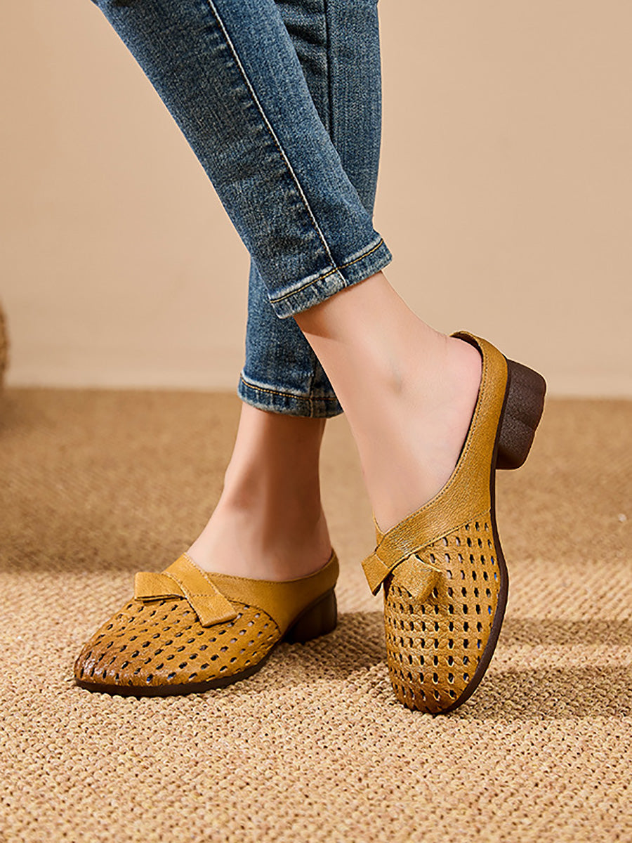 Women Summer Casual Genuine Leather Low Heel Slippers