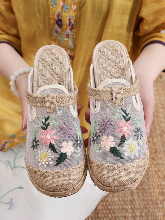 Women Ethnic Flower Embroidery Linen Shoes