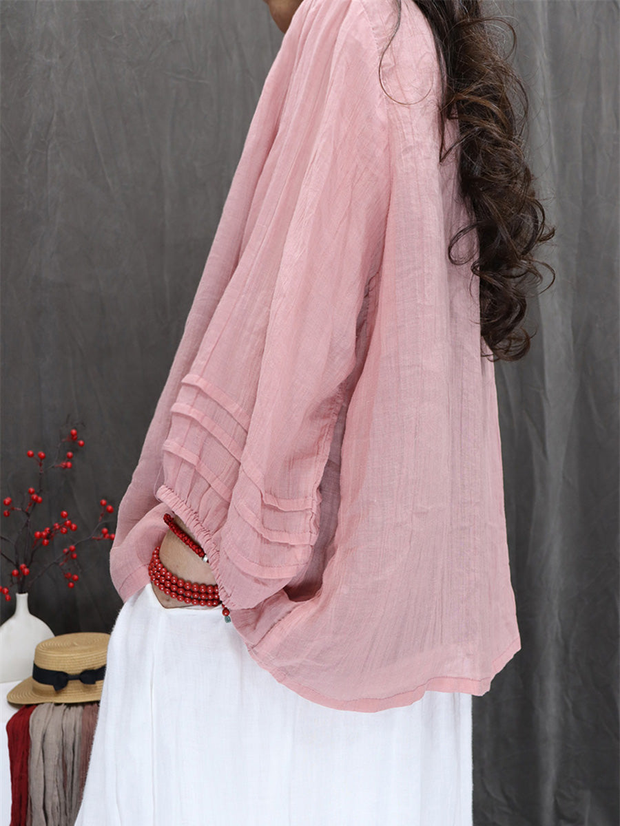 Women Summer Artsy Pure Color 100%Ramie O-Neck Shirt