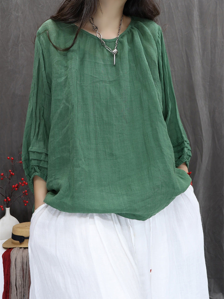 Women Summer Artsy Pure Color 100%Ramie O-Neck Shirt