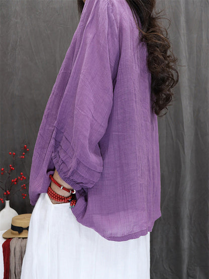 Women Summer Artsy Pure Color 100%Ramie O-Neck Shirt