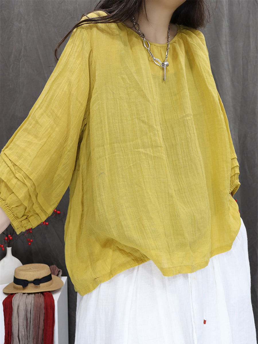 Women Summer Artsy Pure Color 100%Ramie O-Neck Shirt