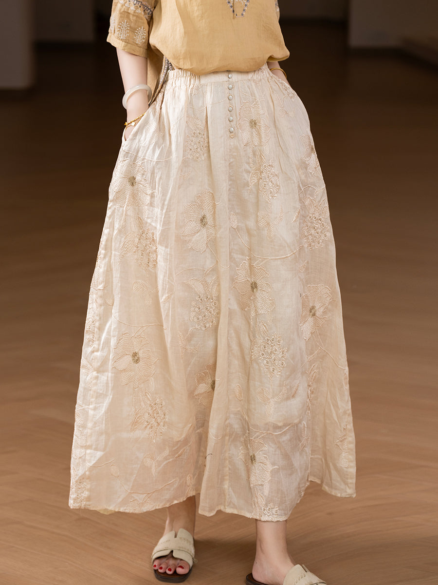 Plus Size Women Summer Artsy Flower Embroidery 100%Ramie Skirt
