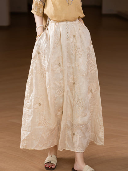 Plus Size Women Summer Artsy Flower Embroidery 100%Ramie Skirt
