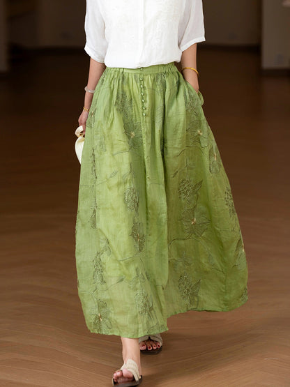 Plus Size Women Summer Artsy Flower Embroidery 100%Ramie Skirt