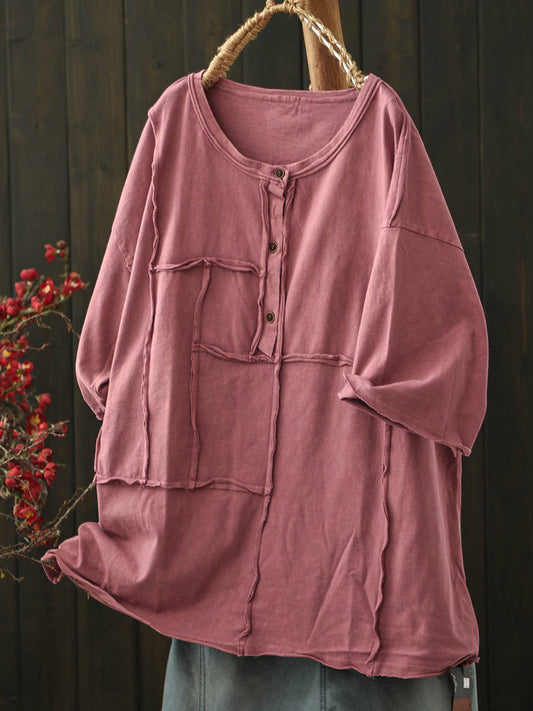 Women Summer Retro Pure Color O-Neck Cotton Shirt