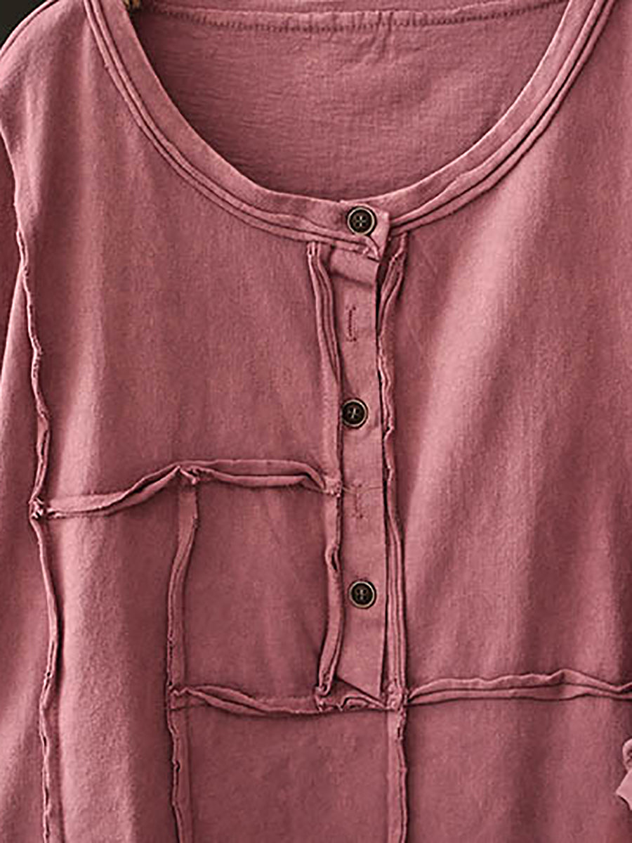 Women Summer Retro Pure Color O-Neck Cotton Shirt