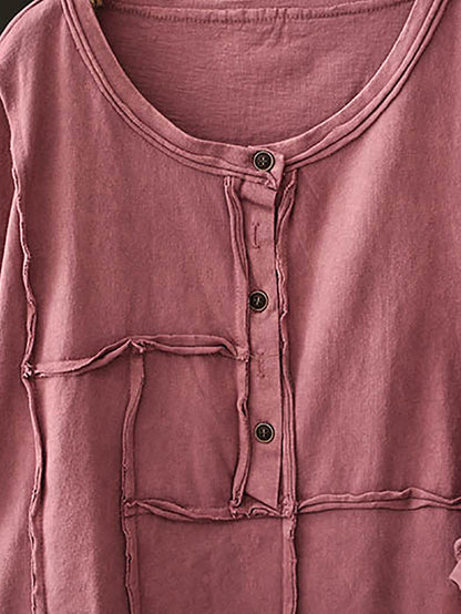 Women Summer Retro Pure Color O-Neck Cotton Shirt