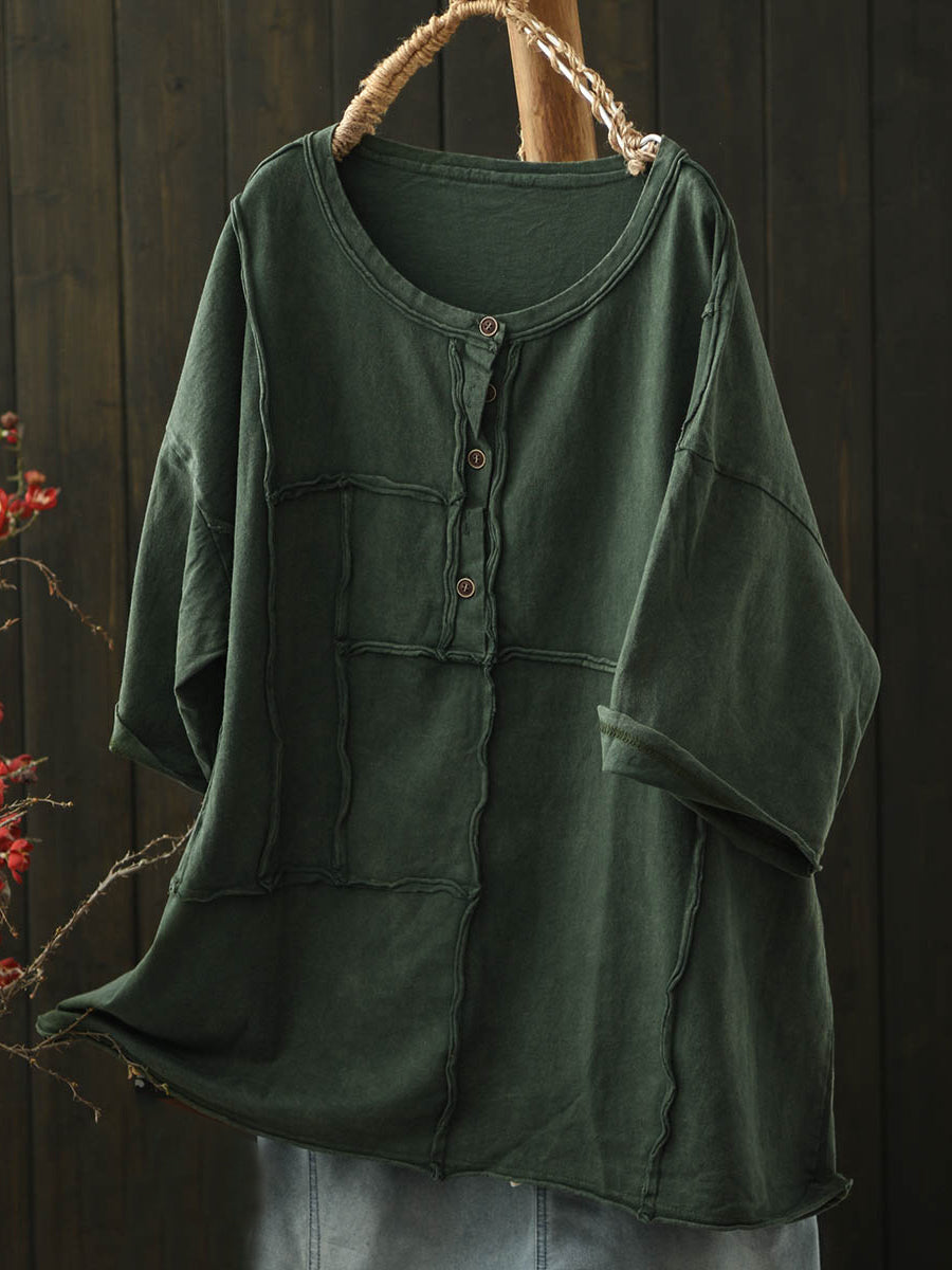 Women Summer Retro Pure Color O-Neck Cotton Shirt