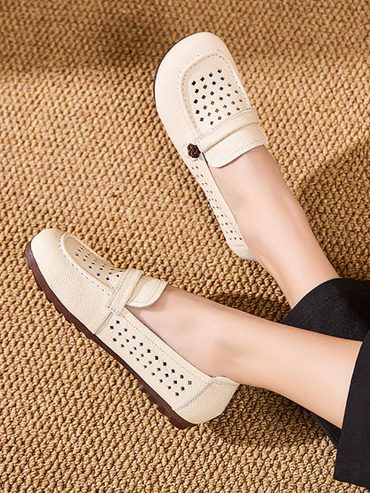 Women Summer Genuine Leather Hollow Out Flat Shoes