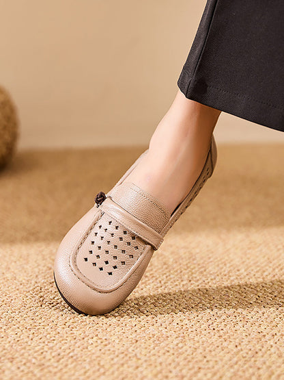 Women Summer Genuine Leather Hollow Out Flat Shoes